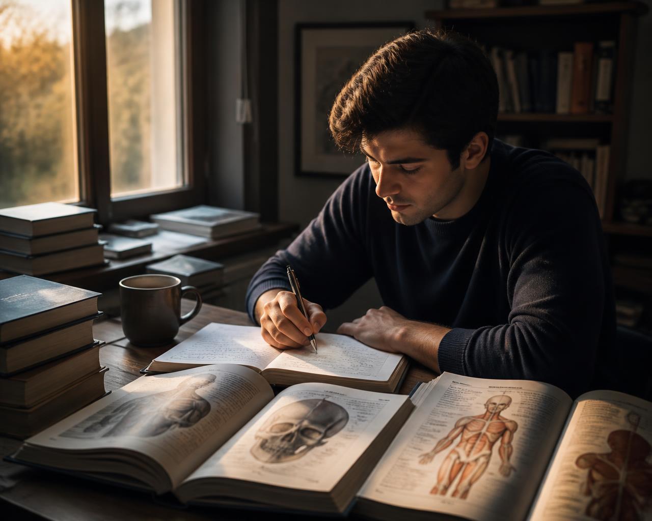Estudiante de medicina escribiendo notas al amanecer, rodeado de libros abiertos sobre un escritorio de madera